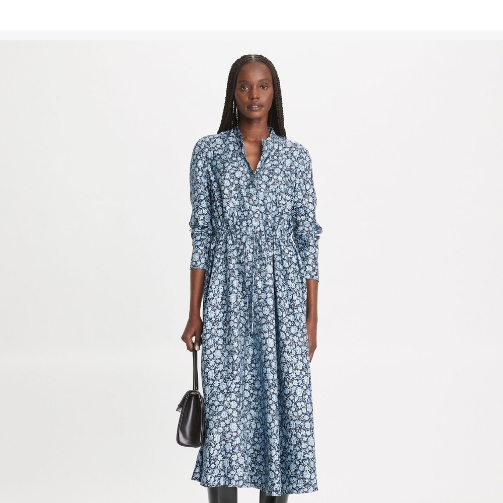 Tory Burch Blue Floral Long Sleeve Midi Dress